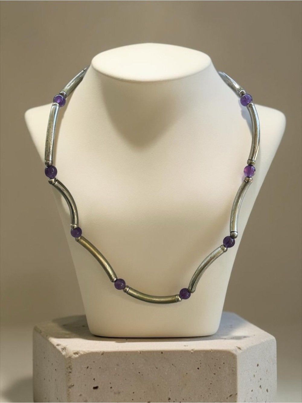 Vintage Sterling Silver Amethyst Curved Tubular Link Necklace